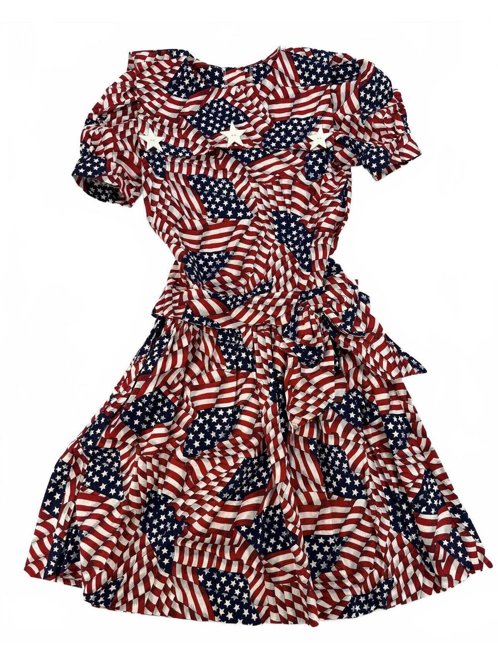 Vintage USA Flag Print Dress Stars Stripes Red White Blue Patriotic S